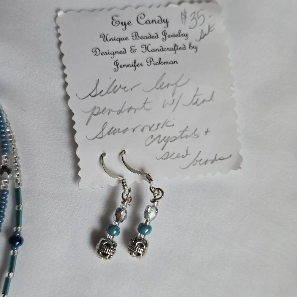 Blue and Silver Feather Pendant Necklace And Earrings, Hand crafted, New